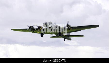 'Sally B' , the only airworthy World War II B-17 Flying Fortress, after taking off from the Imperial War Museum at Duxford. The American bomber had been grounded for 2 years following problems with its engines but flew again.  * ...in order to promote the launch of a charitable trust that will keep the aircraft flying into the future. Stock Photo