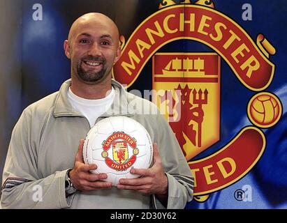 French international goalkeeper Fabien Barthez during a press conference at Old Trafford, Manchester. Barthez joins Manchester United from Monaco for 7.8 million pounds - a British record for a keeper.   * The 28-year-old was a member of France's World Cup-winning side in 1998, and is seen by manager Sir Alex Ferguson as an ideal replacement for Peter Schmeichel who left the club after their Champions League victory last year. See PA story SOCCER Man Utd.   **EDI** PA Photo : Phil Noble. Stock Photo