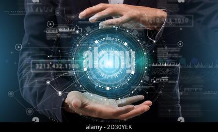 Futuristic innovations and smart technologies. Collage of young businessman holding virtual circle holographic panel Stock Photo