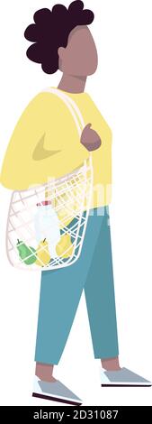 Woman with reusable mesh net flat color vector faceless character. African american customer, shopper using eco string handbag isolated cartoon Stock Vector
