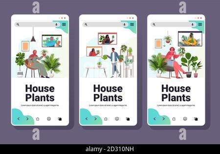 set people taking care of houseplants having virtual meeting with mix race friends during video call smartphone screens collection horizontal copy space full length vector illustration Stock Vector