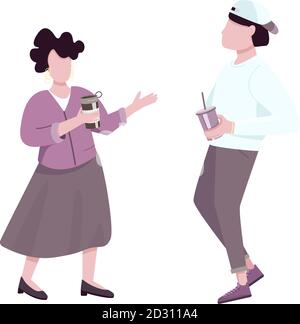 People drinking coffee and talking flat color vector faceless characters. Man holding disposable cup and woman with thermal mug. Isolated cartoon Stock Vector