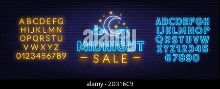 Midnight sale neon sign on a brick wall background. Stock Vector