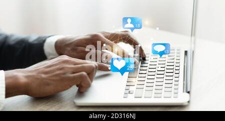 Businessman Working On Laptop In Office, Collage With Web Icons Stock Photo