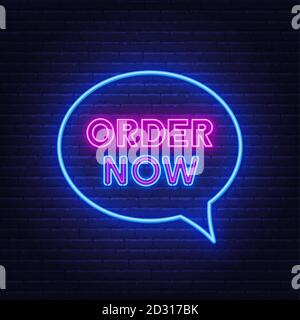Order now neon sign on a brick background. Stock Vector