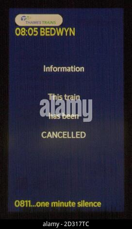A platform information sign at Paddington railway station,  informs passengers of the cancellation of the 8:05 to Bedwyn. The train was cancelled  as a sign of respect to those who died on the corresponding service at Ladbroke Grove one year ago. Stock Photo