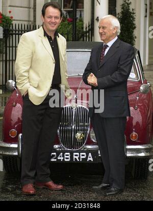 TV series Inspector Morse star John Thaw (right) and Kevin Whately, who plays Sgt Lewis, pose by Morse's Jaguar in St James's Square, central London,  before filming the last ever Inspector Morse.  Stock Photo