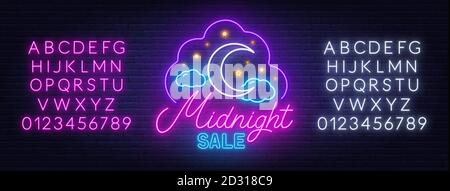 Midnight sale neon sign on a brick wall background. Stock Vector