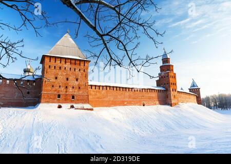 Novgorod Kremlin in cold winter snowy day in Veliky Novgorod, Russia. Winter landscape of Novgorod the Great. Stock Photo