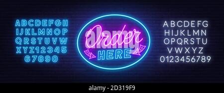 Order here neon sign on brick wall background. Stock Vector
