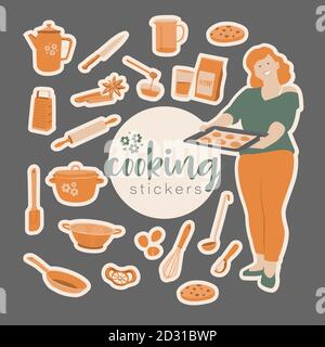 Vector set of kitchen tools stickers for cookbook or stickers.  Stock Vector