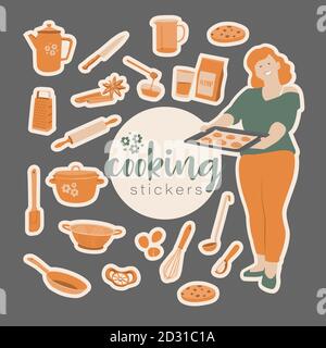 Vector Illustration with Kitchen Utensils and Food, Cake, Cups, Apples.  Cute Children`s Coloring Book with an Ornament Stock Vector - Illustration  of design, elements: 177901172