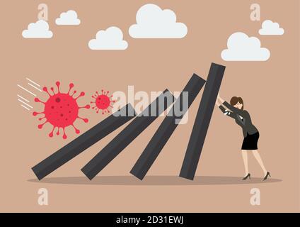 Business woman leader help pushing domino tiles falling in economic collapse from COVID-19 virus. Business Concept Vector illustration Stock Vector