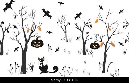 Halloween Background with silhouettes. Seamless Pattern. Halloween Vector Card, texture or background. Vector Art. Stock Vector