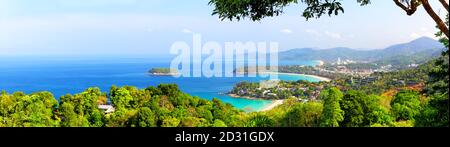 Panoramic view of Karon Beach, Kata Beach and Kata Noi in Phuket, Thailand. Beautiful turquoise sea and blue sky from high view point. Panorama of tra Stock Photo