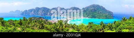 Panoramic view at viewpoint of beautiful tropical Phi Phi island in Krabi province, Thailand. Famous Koh Phi Phi Don island with white sand beach and Stock Photo