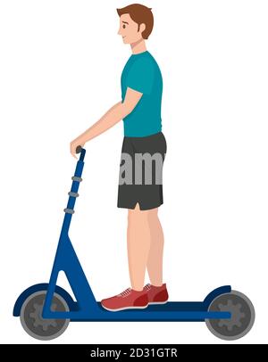 Man riding electric scooter. Male character in cartoon style. Stock Vector