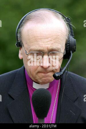 The Archbishop of York, the Right Reverend David Hope gives a radio interview after a press conference in Bishopthorpe Palace in York, the official residence of the Archbishop of York. * He explained why he feels the General Election should be postponed because of the foot-and-mouth outbreak. The Rt Rev Hope, the second most senior bishop in the Church of England, became the latest prominent figure to enter the debate over when Mr Blair should go to the polls. Stock Photo