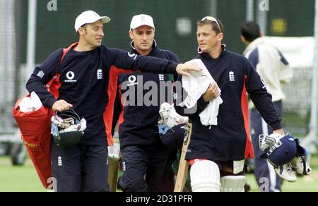 England's Nasser Hussain (left), Graham Thorpe (centre) and Darren Gough during a training session at Lord's, London. England play Pakistan in the first of two five day npower Test Matches this Thursday at Lord's. Stock Photo