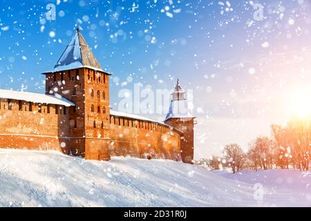 Novgorod Kremlin in cold winter snowy day in Veliky Novgorod, Russia. Winter landscape of Novgorod the Great. Stock Photo