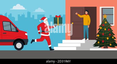 Santa Claus delivering a gift, a man is waiting for him: Christmas and home delivery concept Stock Vector