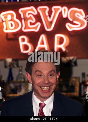 The Prime Minister Tony Blair tonight, visited 'Bev's Bar' on the set of Channel 4's Brookside, where he took part in a questions and answers session hosted by actor Dean Sullivan, who plays Jimmy Corkhill in the soap. Stock Photo