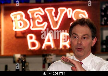 The Prime Minister Tony Blair visited 'Bev's Bar' on the set of Channel 4's Brookside, where he took part in a questions and answers session hosted by actor Dean Sullivan, who plays Jimmy Corkhill in the soap. Stock Photo