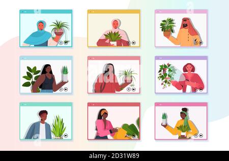 set mix race people taking care of houseplants housekeepers discussing during video call in web browser windows portrait horizontal vector illustration Stock Vector