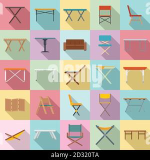 Folding furniture icons set. Flat set of folding furniture vector icons for web design Stock Vector