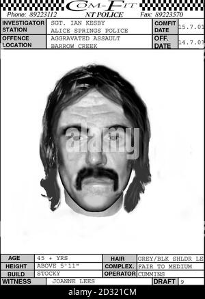 An e-fit composition from the Alice Springs Police made available, of the gunman who ambushed two English tourists on a desert road in the Australian outback. * Peter Falconio, 28, and Joanne Lees, 27, were flagged down on near the tiny outpost of Barrow Creek, 175 miles north of Alice Springs, by a man claiming he had engine trouble. Mr Falconio is missing presumed dead after getting out of the couple's Kombi van to help. 24/7/01: Australian police were questioning a man. 09/10/02 DNA taken from suspected rapist Bradley John Murdoch, 44, matches blood found at the scene in the Australian Stock Photo