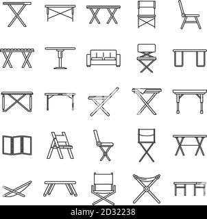 Picnic folding furniture icons set. Outline set of picnic folding furniture vector icons for web design isolated on white background Stock Vector