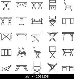 Picnic folding furniture icons set. Outline set of picnic folding furniture vector icons for web design isolated on white background Stock Vector