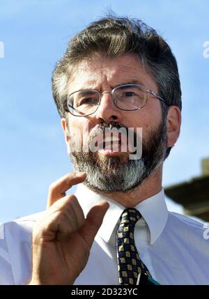 Sinn Fein President Gerry Adams leaves Hillsborough Castle after talks with secretary of state John Reid. Mr Adams said afterwards: 'He cannot suspend unless he breaks the Agreement. It is not an option under the terms of the Agreement.'   *03/09/01 Adams is still considering a visit to Cuba this month despite the arrests of three suspected IRA members in Colombia, according to a spokesman. The West Belfast MP has been urged by Irish American allies in Washington, like leading US Congressman Peter King, to reconsider the trip which will include a meeting with Cuban President Fidel Castro. Iris Stock Photo