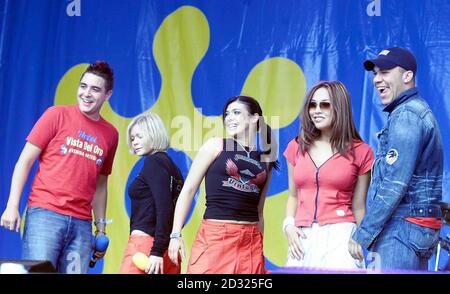 Pop group Hear'Say, from left to right; Noel Sullivan, Suzanne Shaw, Kym Marsh, Myleene Klass and Danny Foster perform during the Radio City Party at the Pier in Liverpool. Stock Photo