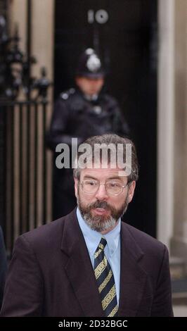 Sinn Fein President Gerry Adams arrives outside Downing Street in central London for talks with the British Prime Minister Tony Blair. Adams is in London to take possession of offices at the House of Commons.   * along with Sinn Fein MPs  Martin McGuinness, Michelle Gildernew and Pat Doherty. Stock Photo