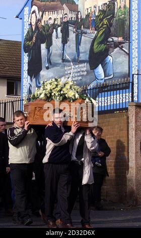 Family and friends carry the coffin of schoolgirl Debbie McComb, 16, in West Belfast. The youngster was killed by joyriders at the weekend whilst she walked near her home with a best friend, Bernadette  Hall, who was injured in the incident.   *Two men are currently being quizzed by the police about the incident   Stock Photo