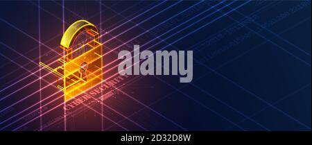 Isometric internet digital security technology concept for business background. Lock on circuit board Stock Vector