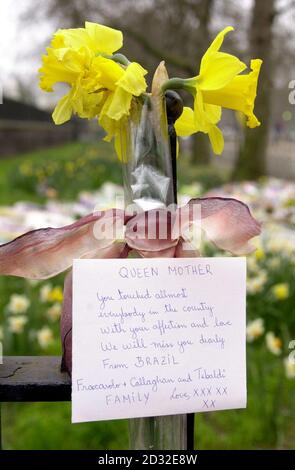 Tributes rest outside the gates of the Queen Mother's London residence, Clarence House, in central London. The coffin of the Queen Mother will be brought from Windsor to the Queen's Chapel at St James Palace.   *...The Queen Mother's coffin will then be taken from  St James's Palace on a horse-drawn gun carriage for the lying in state ahead of the funeral at Westminster Abbey. Stock Photo