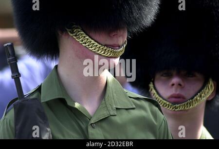 Guardsmen Danny Murray (right), 18, from Gateshead and Matthew Lindon, 17, from Goole in East Yorkshire and members of Number 7 Company Coldstream Guards, listen to orders at Chelsea Barracks, west London,  *  during a rehearsal for the moving of the Queen Mother's coffin on Friday which will be taken from the Queen's Chapel at St James' Palace to Westminster Hall.  Stock Photo