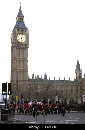 The rehearsal for the ceremonial procession that will carry the Queen Mother's coffin from the Queen's Chapel to Westminster Hall on 5/4/02 passes in front of Big Ben and the Houses of Parliament in London .     * The procession will stretch for half a mile, involve 1,600 servicemen and women and will be largest pageant of its sort on Britain's streets since the funeral of Sir Winston Churchill in 1965. The coffin of the Queen Mother, who died Saturday, aged 101, will then lie-in-state until her funeral on Tuesday. Stock Photo