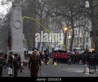 The rehearsal for the ceremonial procession that will carry the Queen Mother's coffin from the Queen's Chapel to Westminster Hall on 5/4/02 passes along the streets of London .     *The procession will stretch for half a mile, involve 1,600 servicemen and women and will be largest pageant of its sort on Britain's streets since the funeral of Sir Winston Churchill in 1965. The coffin of the Queen Mother, who died Saturday, aged 101, will then lie-in-state until her funeral on Tuesday. Stock Photo