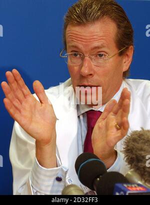 Nicholas Fisk, Professor of obstetrics and gynaecology at a press conference at Queen Charlotte's and Chelsea Hospital in west London, where doctors gave details to journalists about conjoined twins.  The twins share one heart and one liver.  *... and doctors say can only survive for a matter of months unless they are separated.  Stock Photo