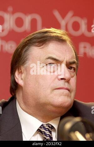 Deputy Prime Minister John Prescott listens to questions from the media at a press conference at the Department of Transport, Local Government and the Regions in central London, after he announced the publication of the government's White Paper on regional governance. * The paper, entitled, 'Your Region - Your Choice : Revitalising the English Regions', contains the proposal to establish directly elected assemblies in the English regions, but which will be left up to the people of each region to decide. 26/06/02 Deputy Prime Minister John Prescott resigned from the Rail Maritime and Transport Stock Photo