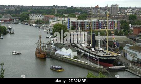 APRIL 8th: A general view over the Maritime Heritage Centre, Great Western Dockyard, Bristol. On this day in 1838, the first regular Transatlantic steamship service for passengers began as the Great Western, designed by Isambard Kingdom Brunel, set out on her maiden voyage from Bristol to New York. The journey took some fifteen days, which was half the time taken by the fastest sailing ship. View over the Maritime Heritage Centre, Great Western Dockyard, Bristol with the Matthew (left) and the ss Great Britain. * The Matthew is a replica of the ship built in the 15th century in which John C Stock Photo