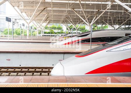 Fuxing high speed trains operated by China Railway Corporation seen at Shenzhen North Railway Station. Stock Photo