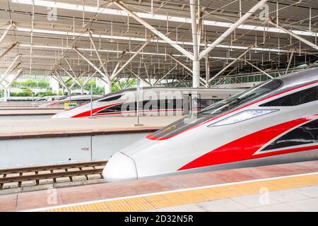 Fuxing high speed trains operated by China Railway Corporation seen at Shenzhen North Railway Station. Stock Photo