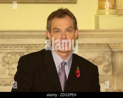 Prime Minister Tony Blair addresses a news conference at No10 Downing Street, Friday 8th November, moments after the United Nations Security Council in New York unanimously approved a joint US-UK resolution giving tough new powers to weapons inspectors.  *   and setting out a timetable for Saddam Hussein to disarm or face serious consequences. 03/01/03 Tony Blair was, resuming his Egyptian holiday after breaking off from it for a second time to hold talks with a key Arab leader. The Prime Minister yesterday met King Abdullah of Jordan for talks covering the stand-off over Iraq and the Middle E Stock Photo