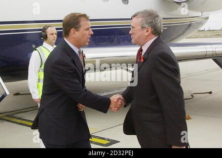 The Duke of York is greeted by The Govenor of the Falkland Islands Donald La Mont, on his arrival at Mount Pleasant Airport. The Duke will spend the next four days in the Falklands Islands to commemorate the 20th anniversary of the Falklands War.  *   in which, Prince Andrew served as a Royal Navy helicopter pilot.  Stock Photo