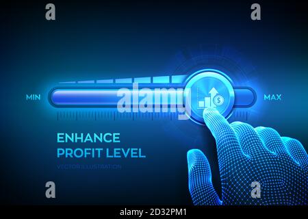 Increasing Profit Level. Wireframe hand is pulling up to the maximum position progress bar with the profit icon. Finance concept of profitability or Stock Vector