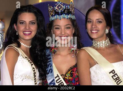 The newly crowned Miss World, Miss Turkey Miss Azra Akin (centre) with runner up Miss Colombia, Natalie Peralta, (left) and Miss Peru Marina Mora Montero (right) at Alexandra Palace in London. Stock Photo